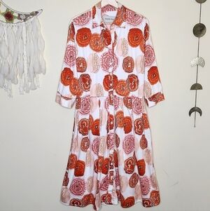 SAMANTHA SUNG Rare Poppy Printed Audrey Midi Shirt Dress in Orange/Pink Size 8